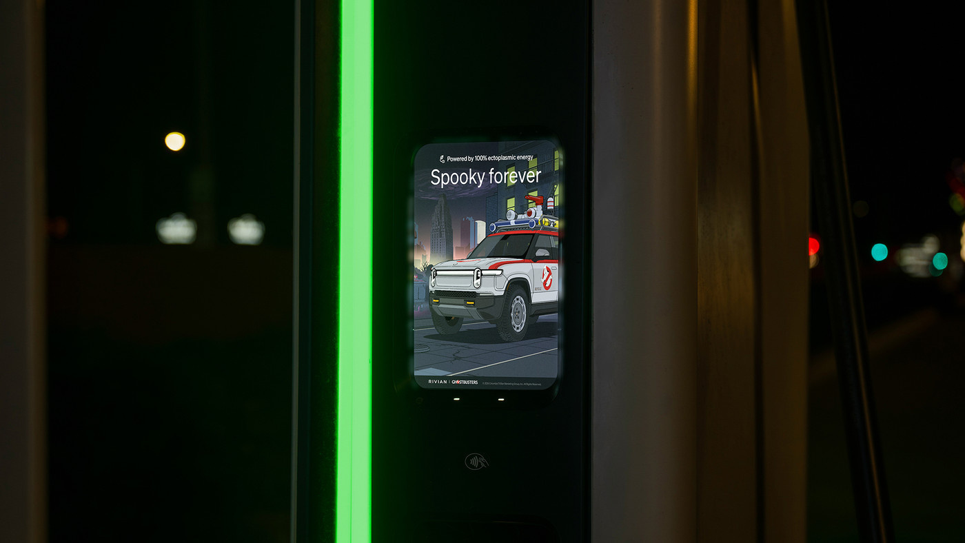 A Ghostbusters-themed display in Rivian's Halloween Mode.