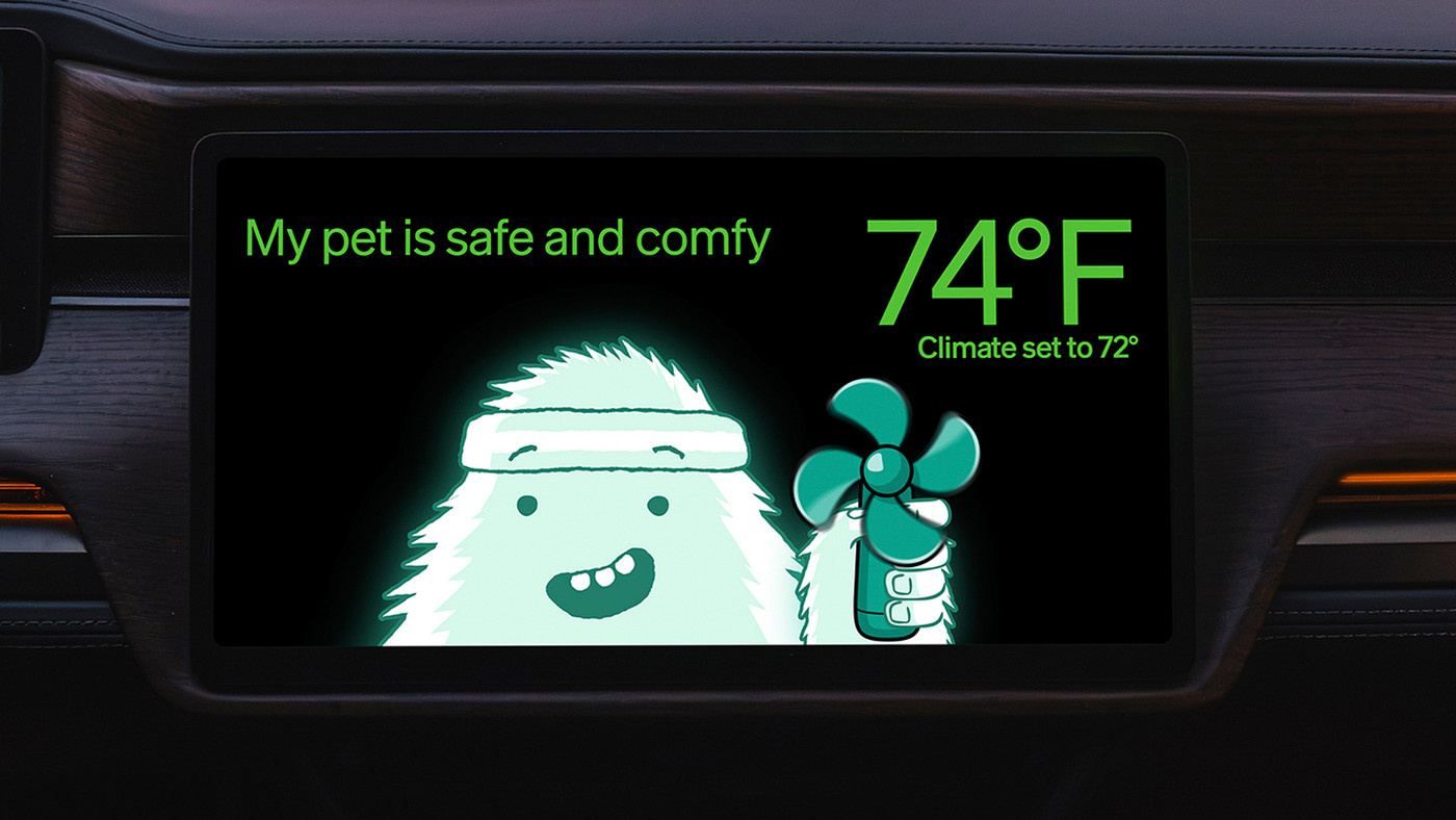 A Ghostbusters-themed interior climate screen in Rivian's Halloween Mode.