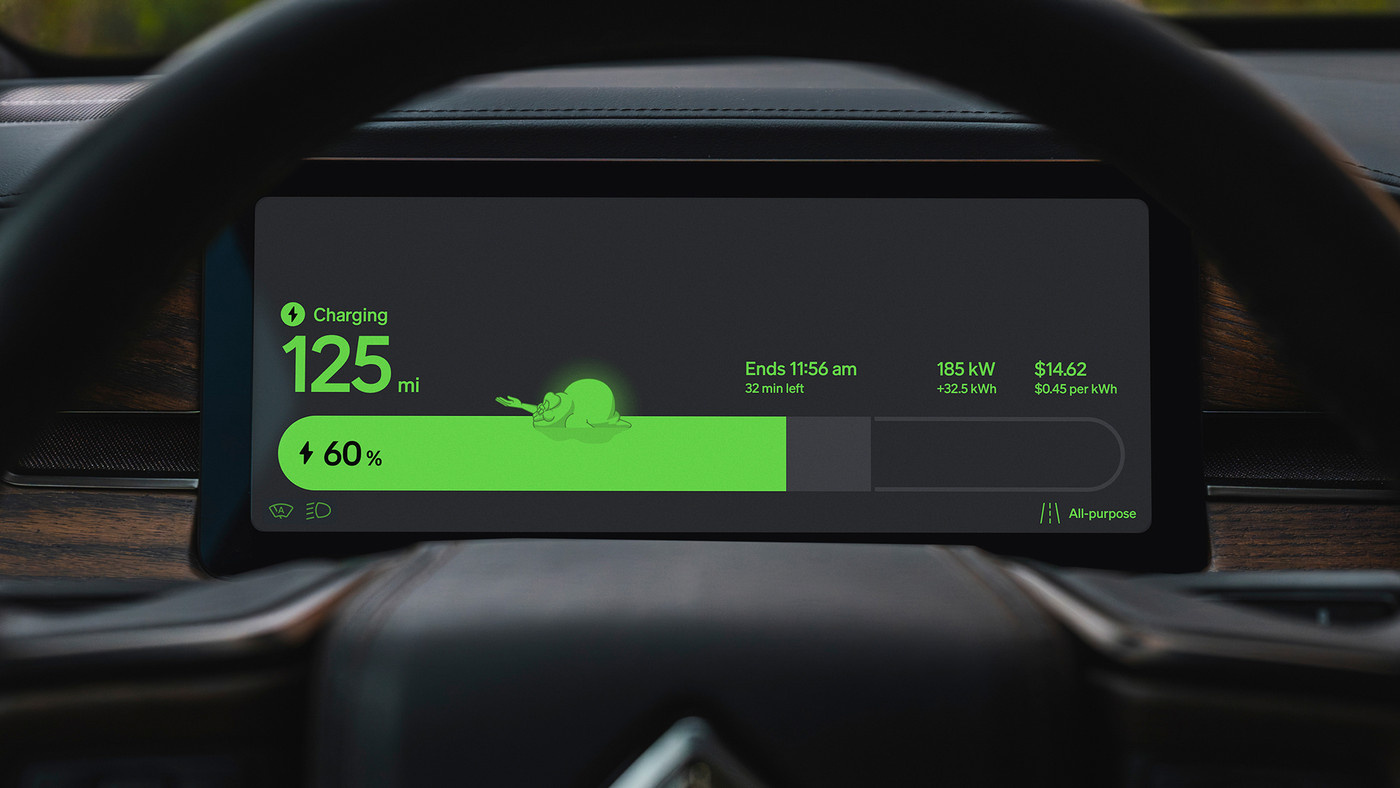 A Ghostbusters-themed battery charging screen in Rivian's Halloween Mode.