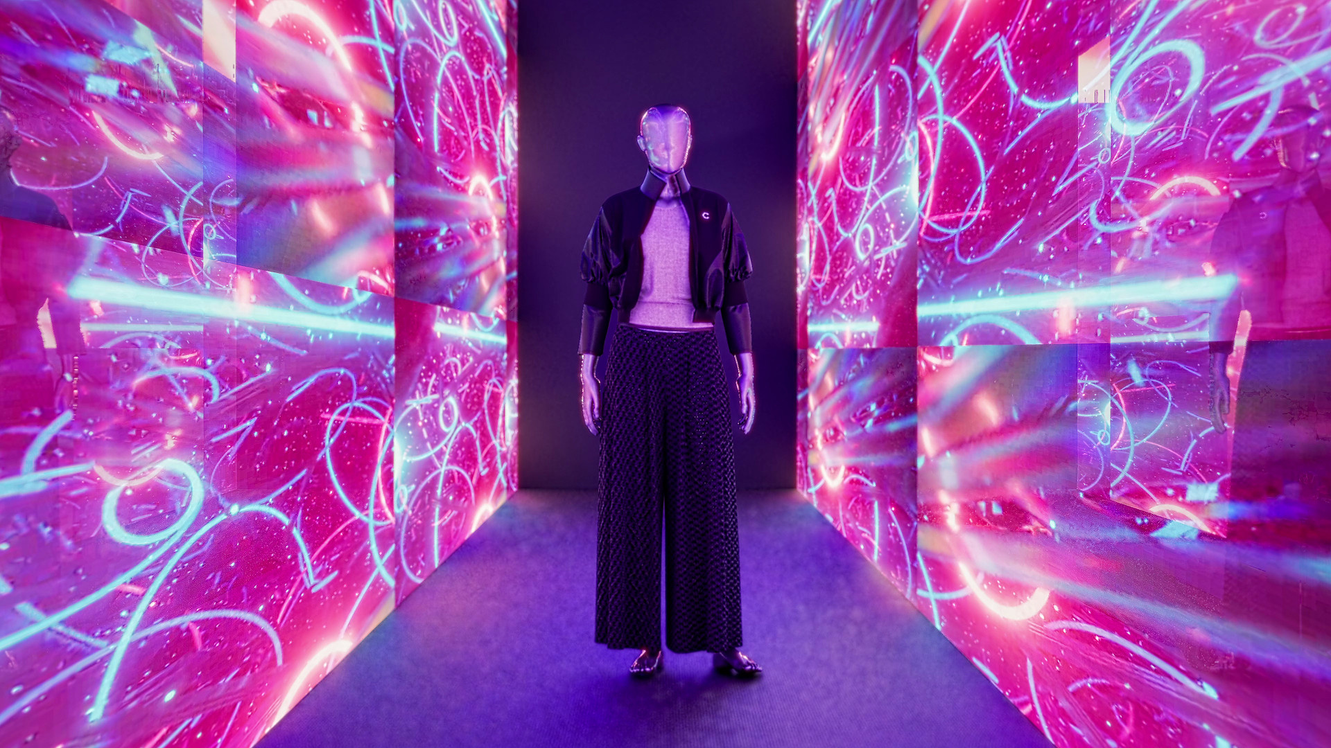 A mannequin modelling clothes in an illuminated space.