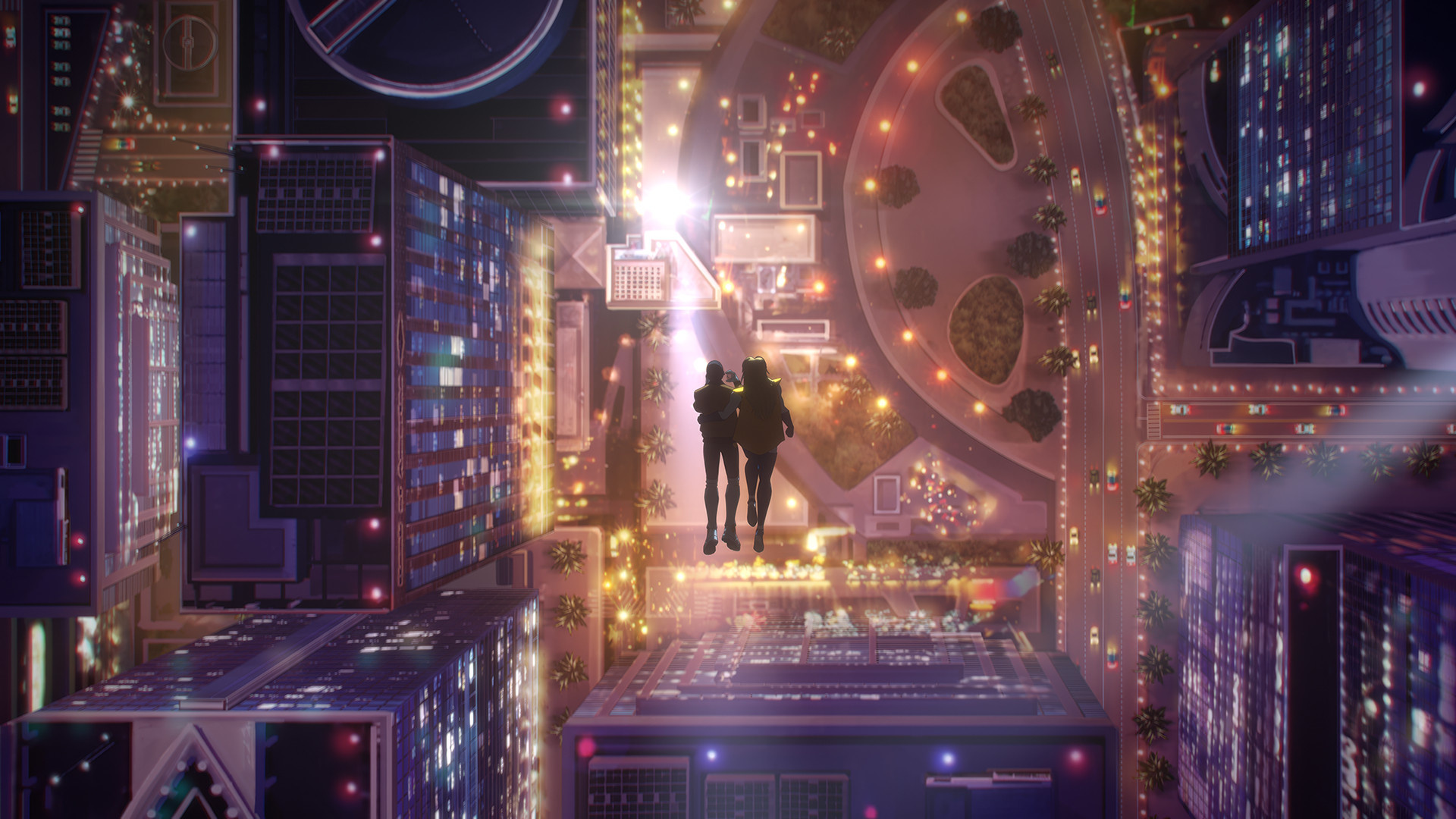 Los superhéroes sobrevuelan la ciudad de noche en <em>Dispatch</em>, un videojuego con tecnología de UE.