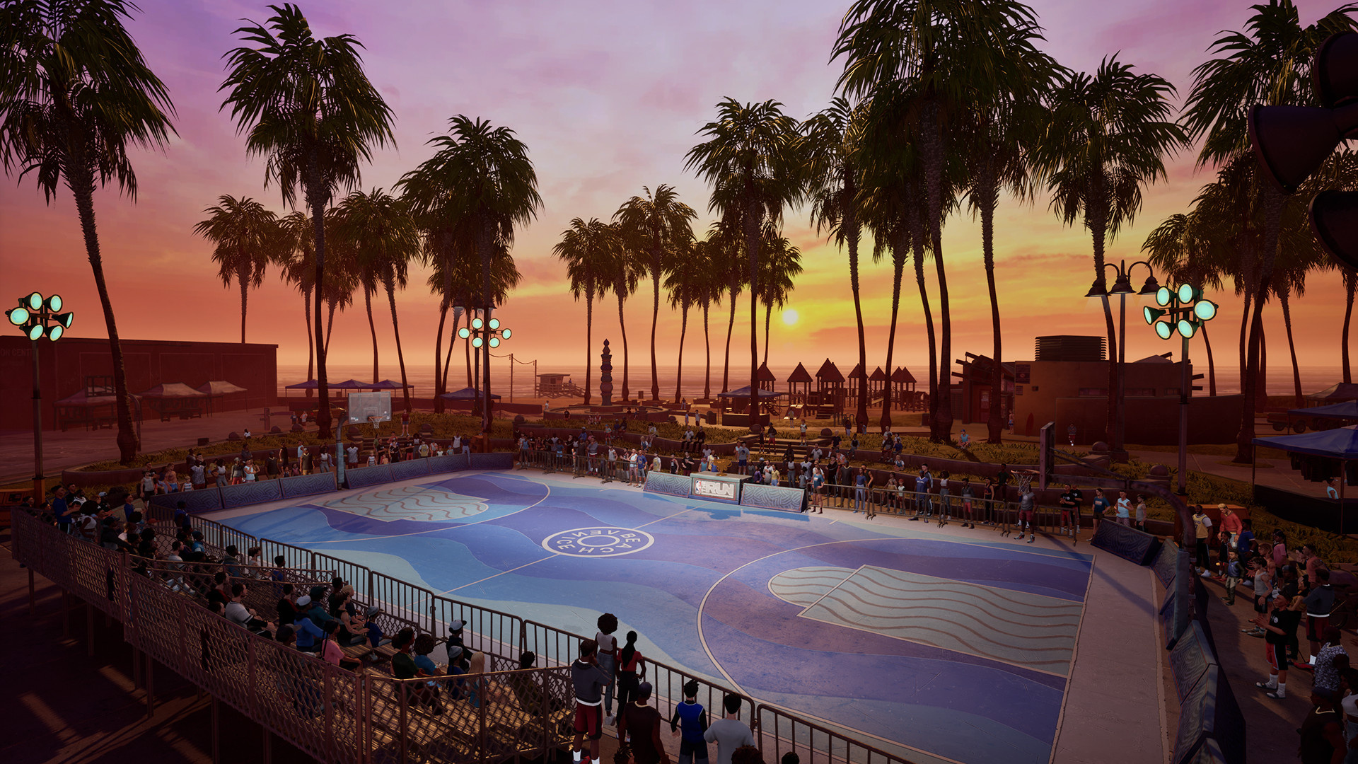 A beach-side basketball court at sunset in ‘NBA THE RUN’.