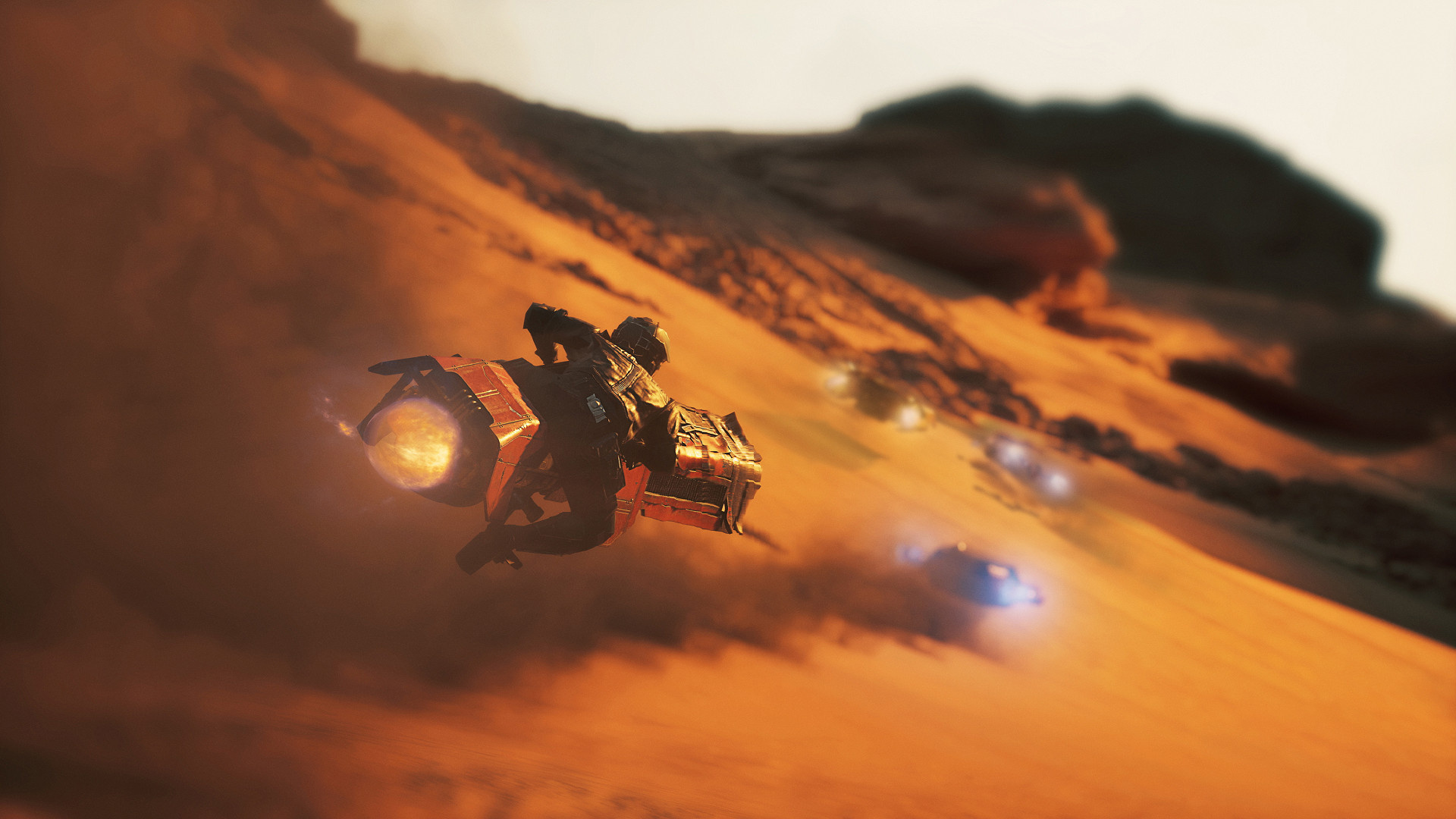 「Star Wars: Galactic Racer」でスピーダー バイクにまたがるレーサー。