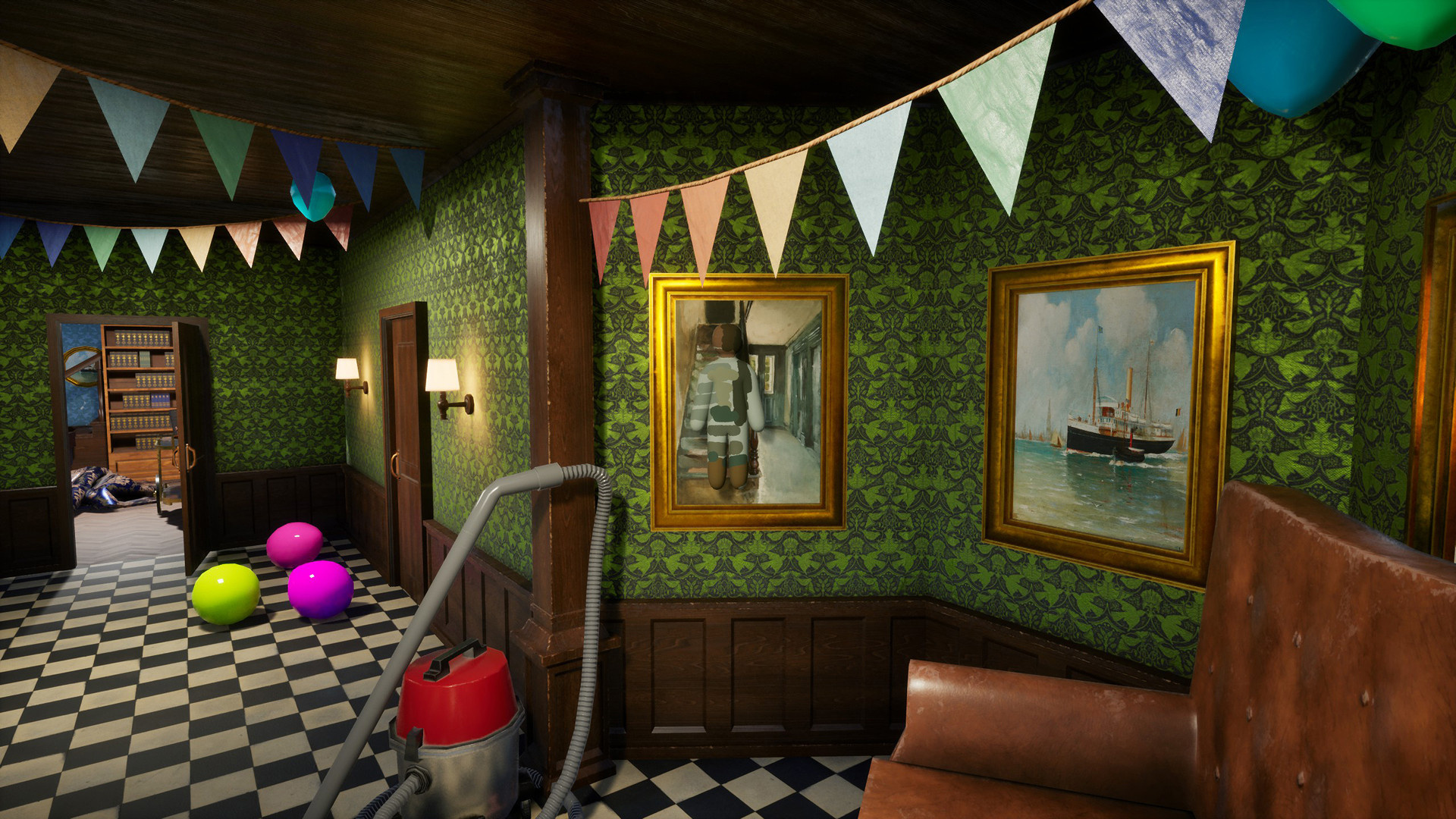 A camouflaged player hiding in a hallway in ‘Meccha Chameleon’.