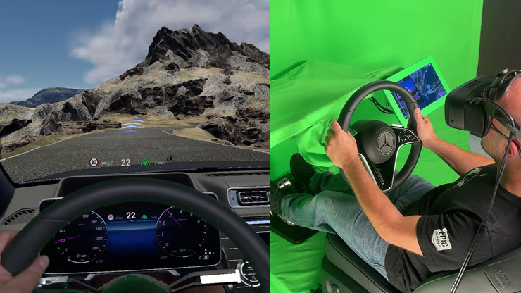Driver’s view of cockpit and landscape through VR goggles on left, photo of driver in Siili simulator on right.