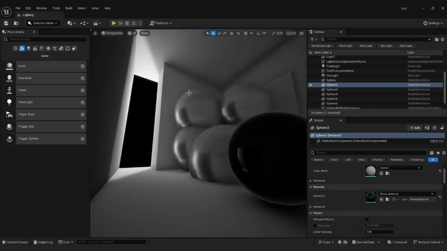 Shadows and reflections in Unreal Engine.