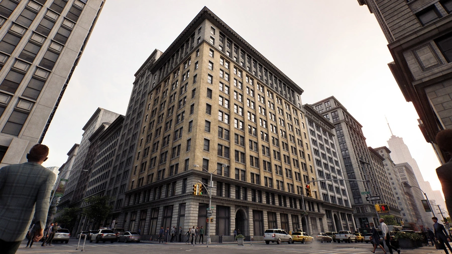 Low-angle view of New York buildings.