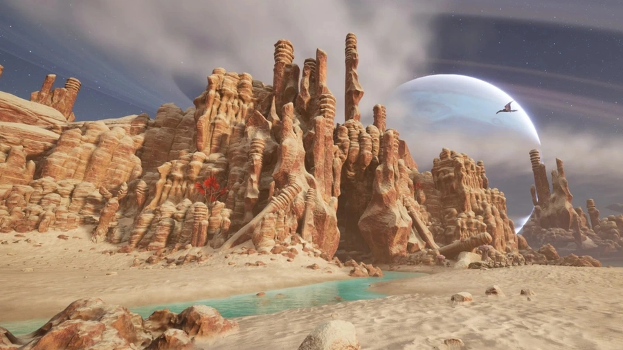 Alien beach landscape with a river and moon.