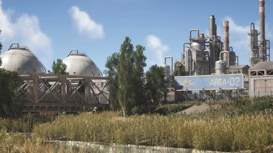 Chemical plant 3D model with foliage.