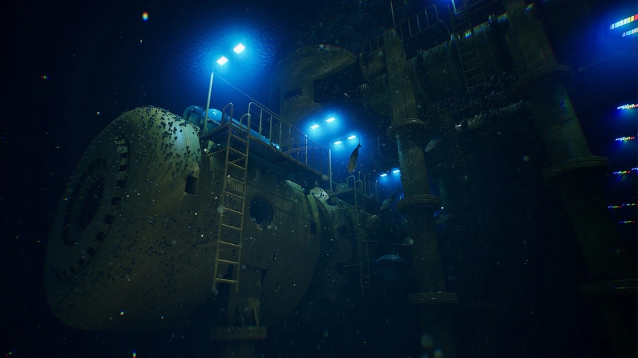 A dark mysterious underwater station.