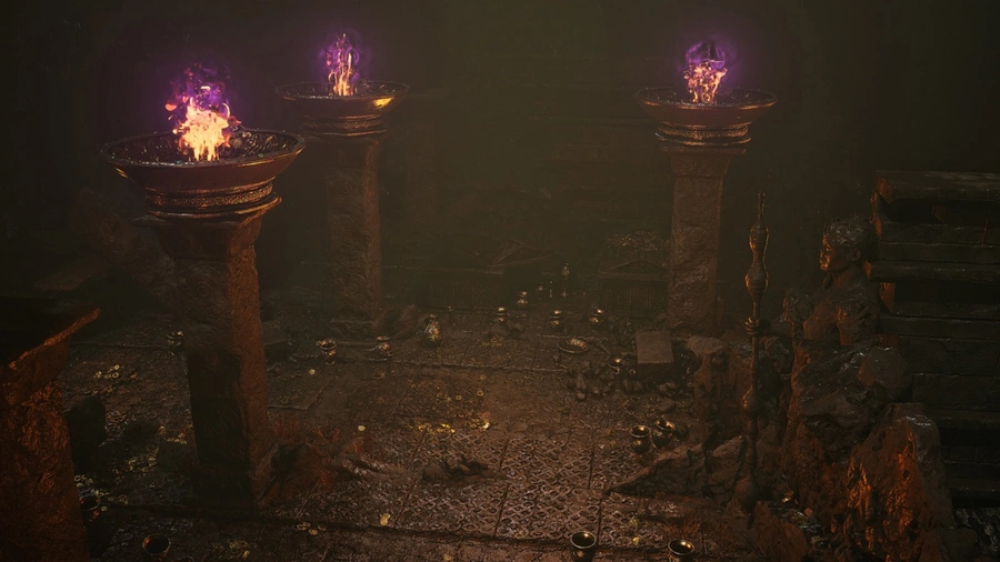 Dark ancient room with ornate torches.