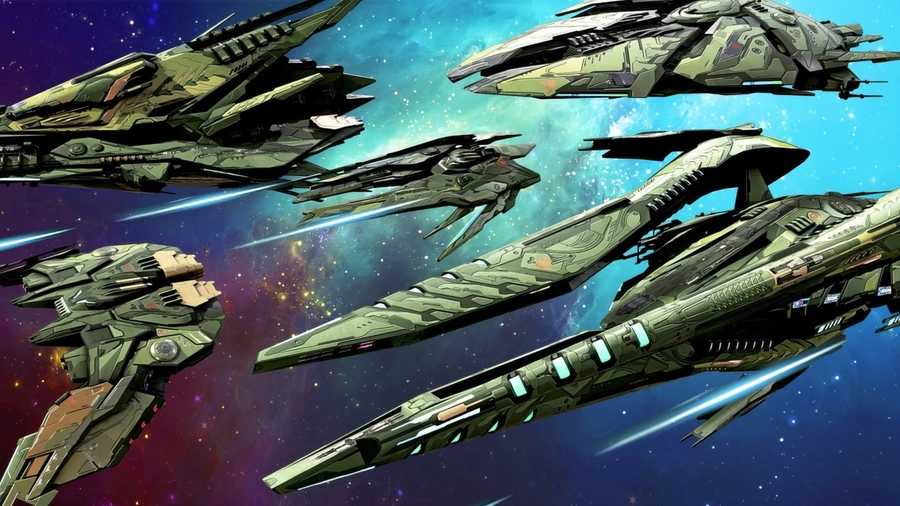 A variety of spaceships moving through space.