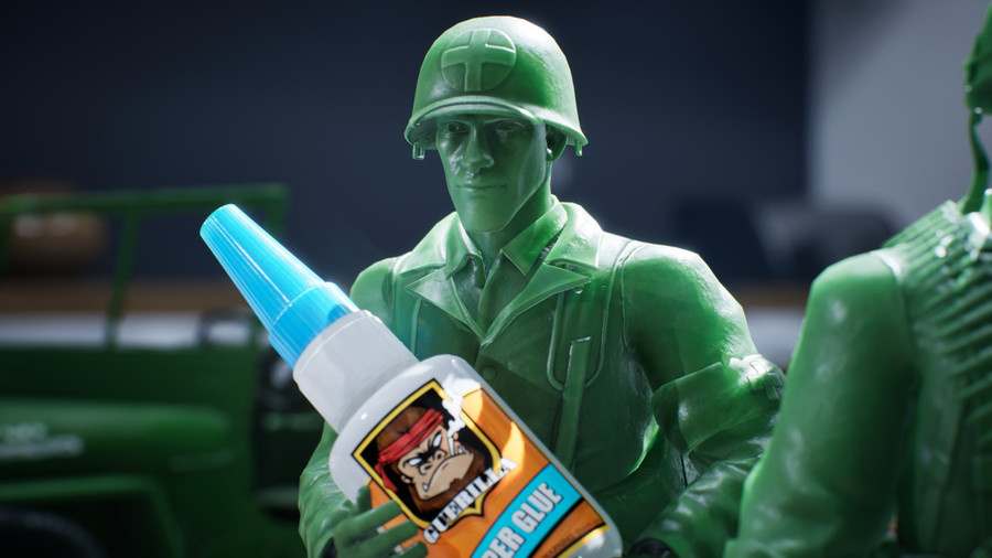 a toy soldier wielding superglue in UE5-powered video game ‘Green Hawk Platoon’.