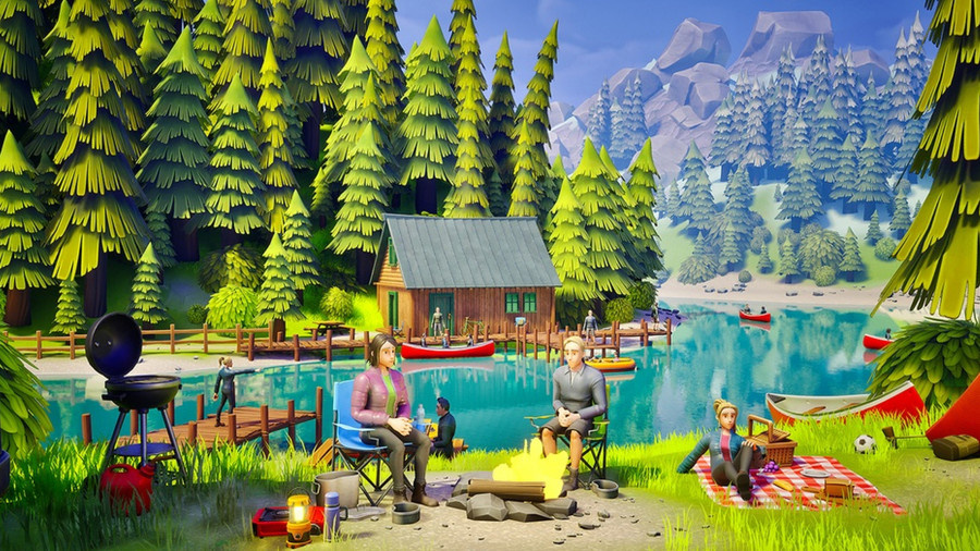 A stylized camping scene with trees, river, people, and campfire.