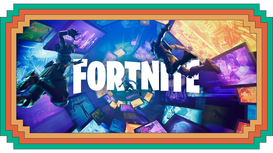 Des personnages Fortnite traversent un tunnel d'écrans de télévision.