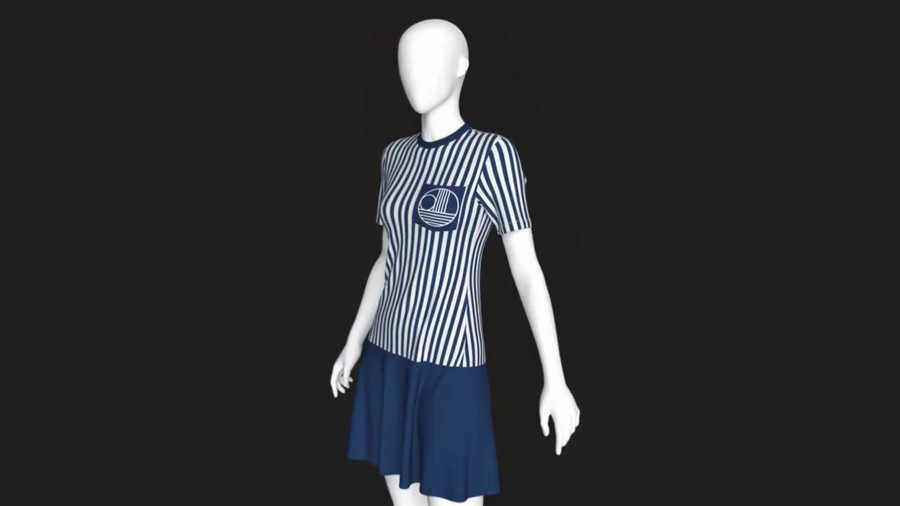 Un mannequin 3D portant un t-shirt à rayures bleues et blanches.