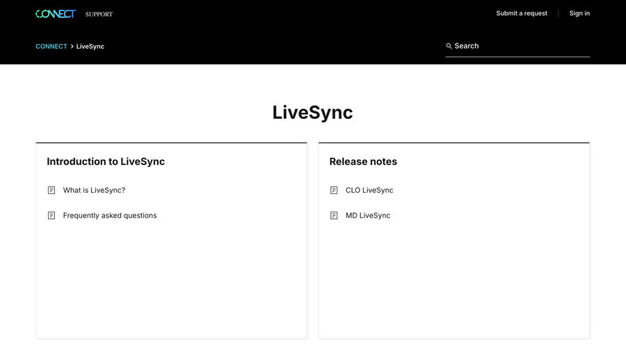 LiveSync ヘルプセンター画面