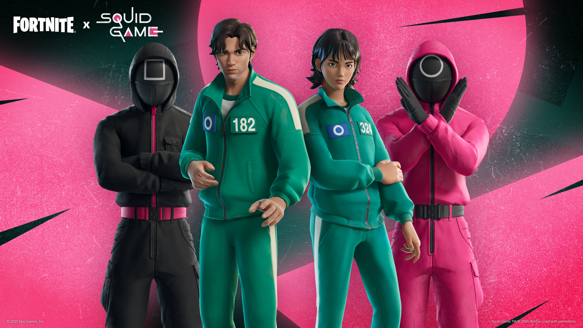 Fortnite Games Manager Outfit, Ddakji Defender Outfit, Glass Bridge Survivor Outfit, and Games Guard Outfit