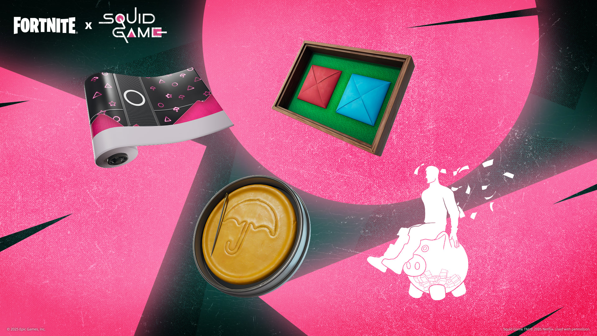 Fortnite Squid Shapes Wrap, Delicious Dalgona Back Bling, Ddakji Box Back Bling, and Lil' Prized Piggy Bank Emote