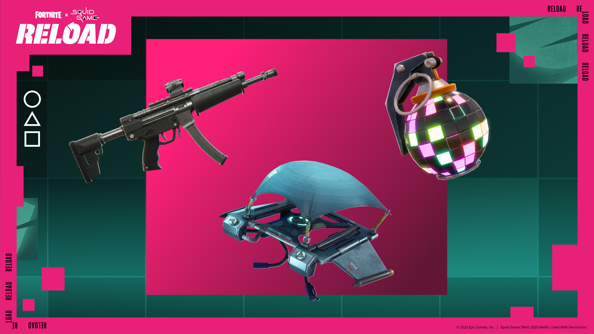 Fortnite Reload Red-Eye Submachine Gun, Itemized Glider Redeploy, and The Boogie Bomb.