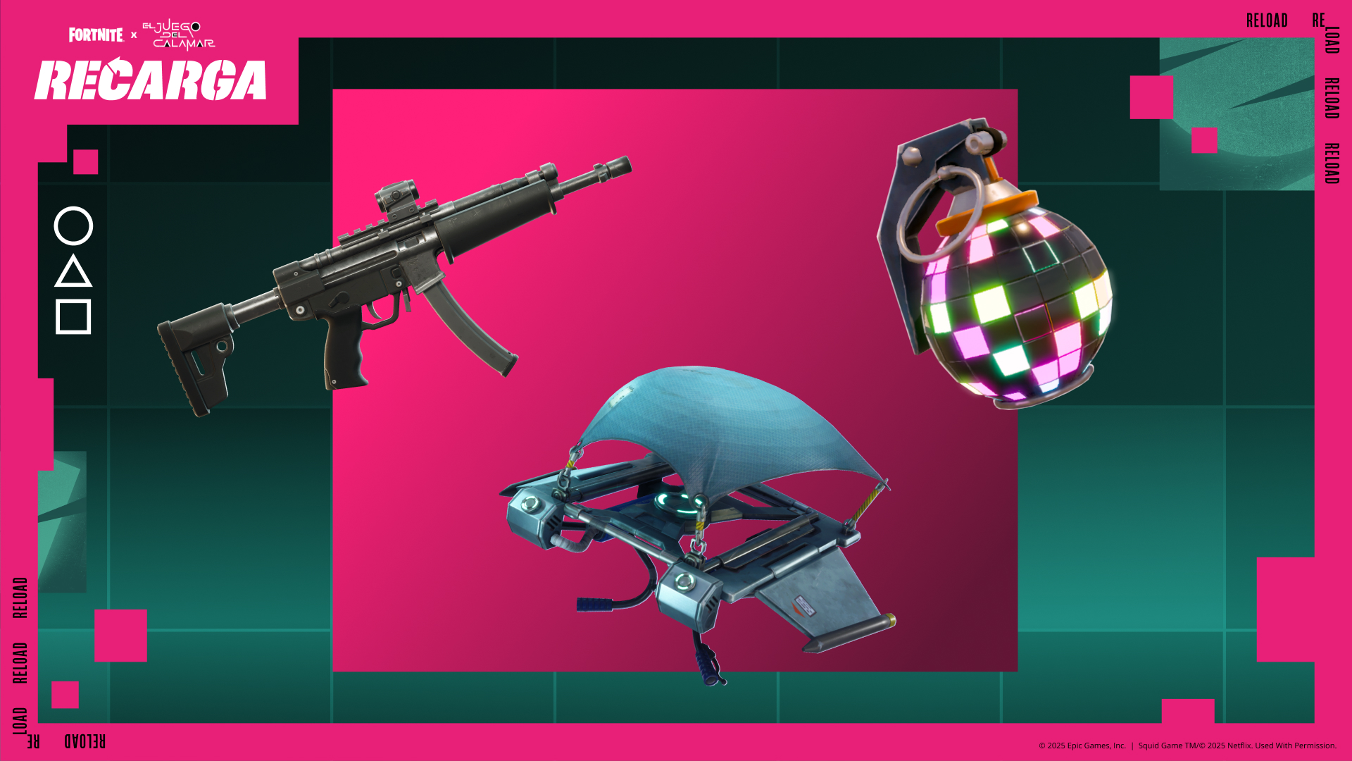 Fortnite Reload Red-Eye Submachine Gun, Itemized Glider Redeploy, and The Boogie Bomb.