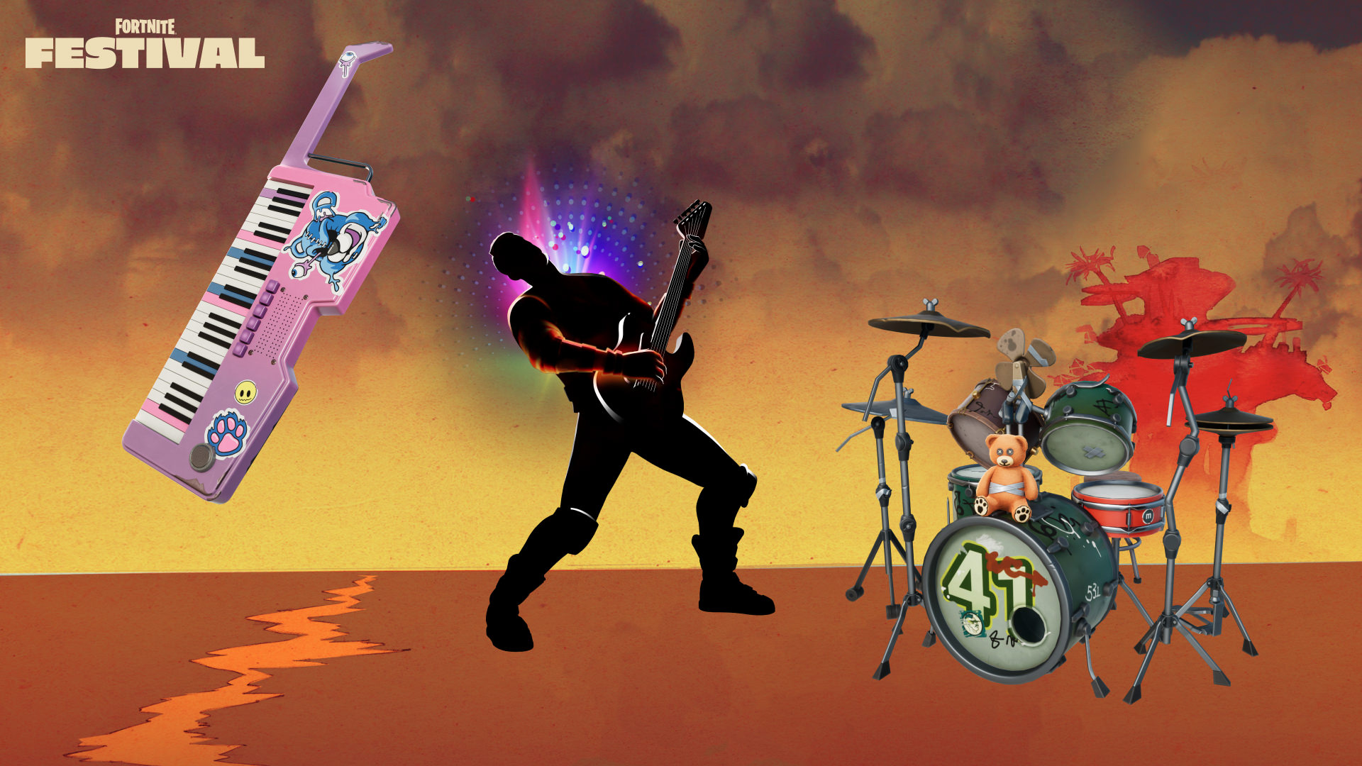 Fortnite Grzzly Keys Keytar, Brite Show Aura, and Junkit Drums