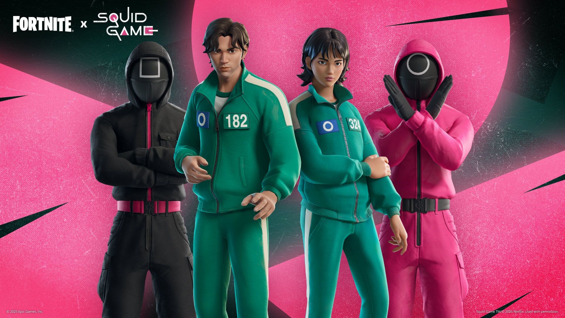Fortnite Games Manager Outfit, Ddakji Defender Outfit, Glass Bridge Survivor Outfit, and Games Guard Outfit