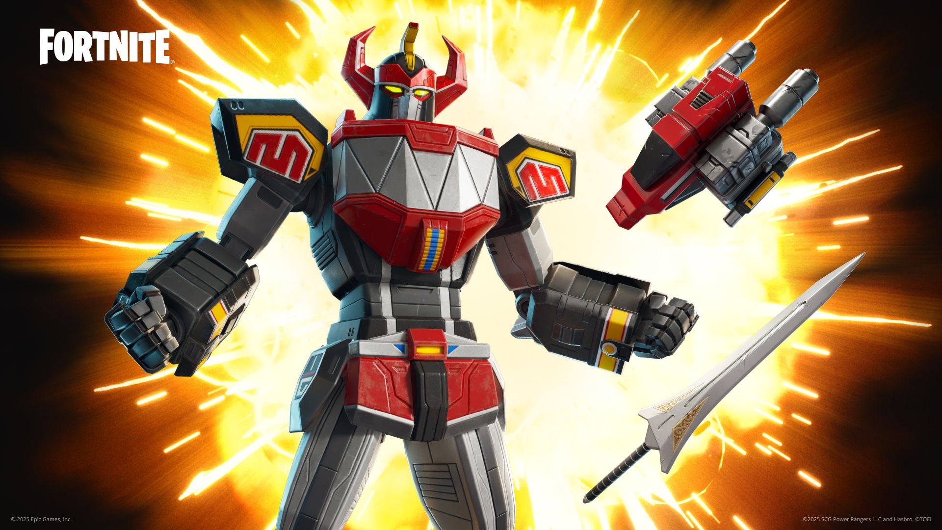 Fortnite Dino Megazord Outfit, The Power Sword Pickaxe, and Tank Cannons Back Bling