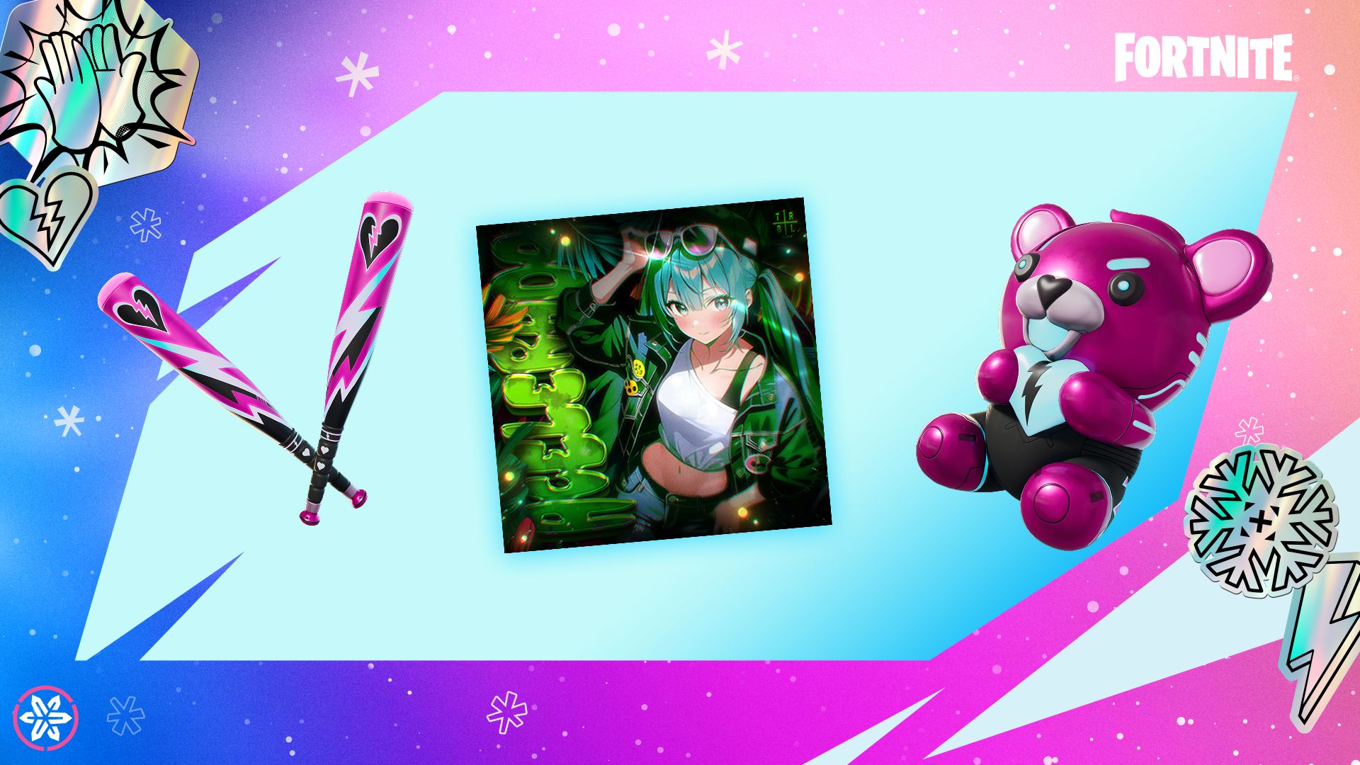 Die Spitzhacke „Herzbruch-Schläger“, der Jam-Song „ACELERADA“ und das Rücken-Accessoire „Kuschelbär-Plüschfigur“ aus Fortnite
