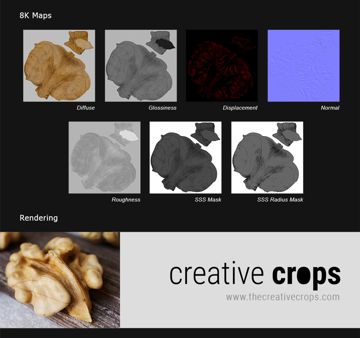 Components of 8K maps to produce rendered 3D model of a walnut.