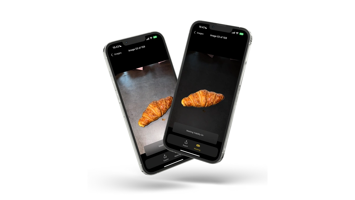 Cell phones displaying scanned croissants by RealityScan Mobile.
