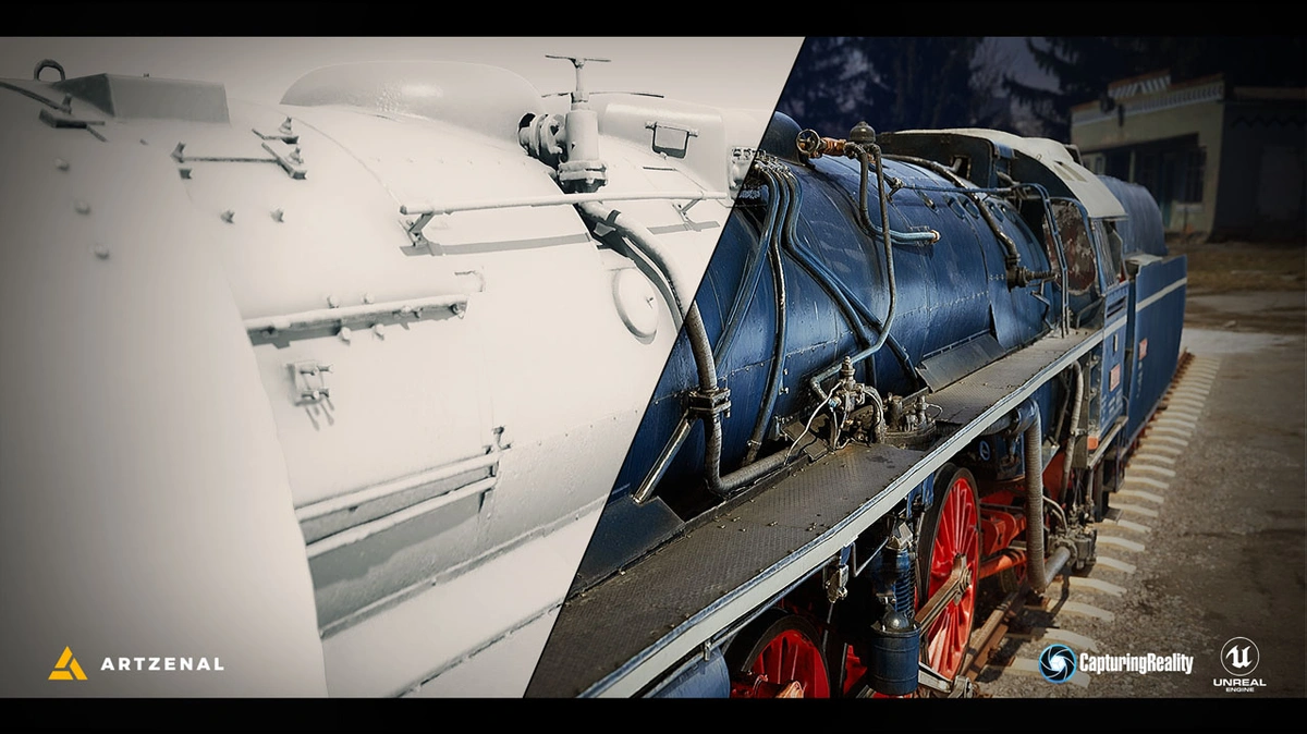 Angled view of 3D clay model versus rendered view of metallic blue and red.