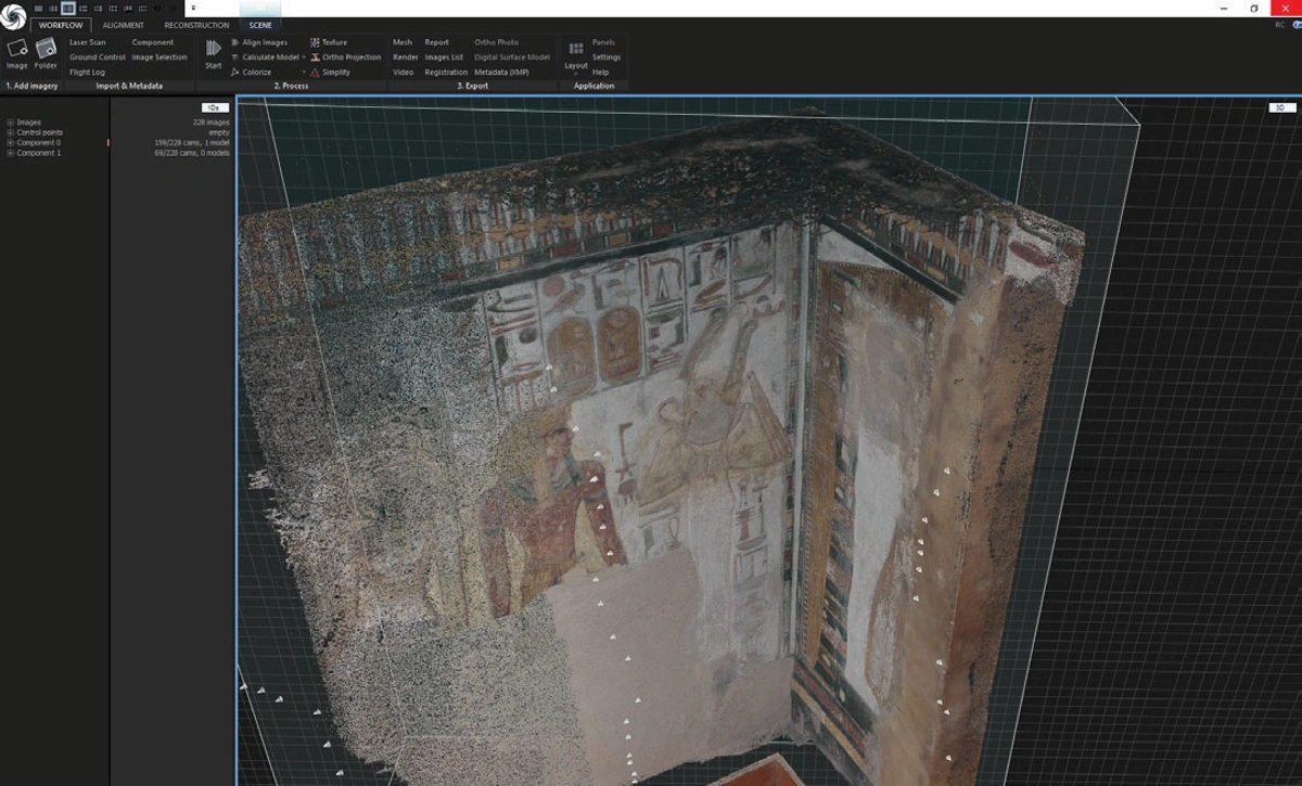 A point cloud created from a combination of terrestrial laser scans and photographs stitched together in RealityScan.