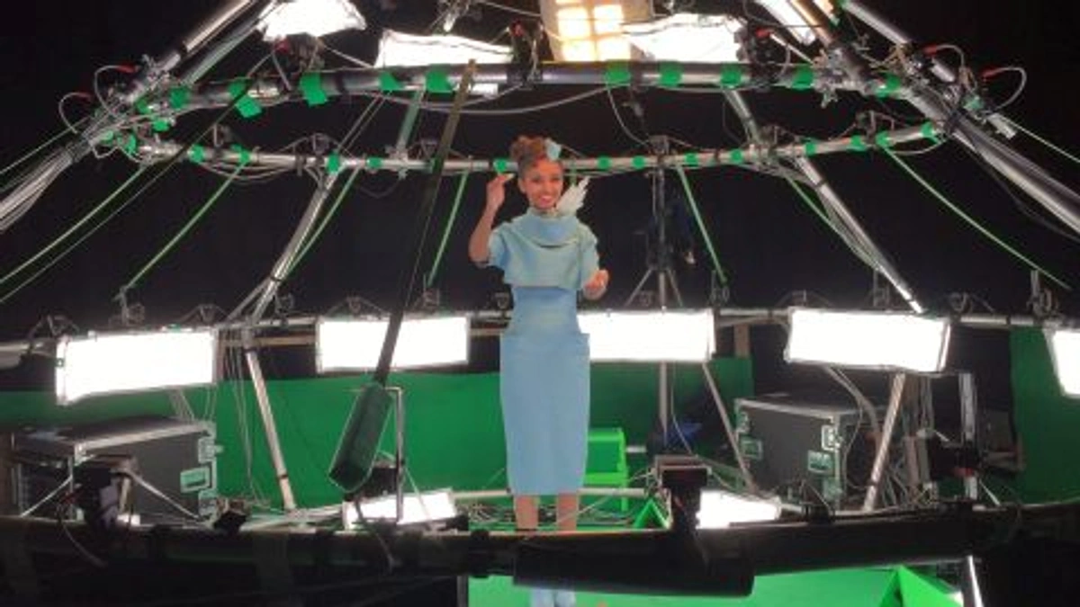 Flight attendant character in capture booth for 'Ghost in the Shell'.