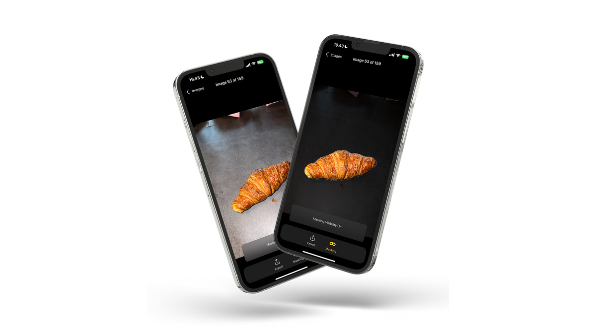 Cell phones displaying scanned croissants by RealityScan Mobile.