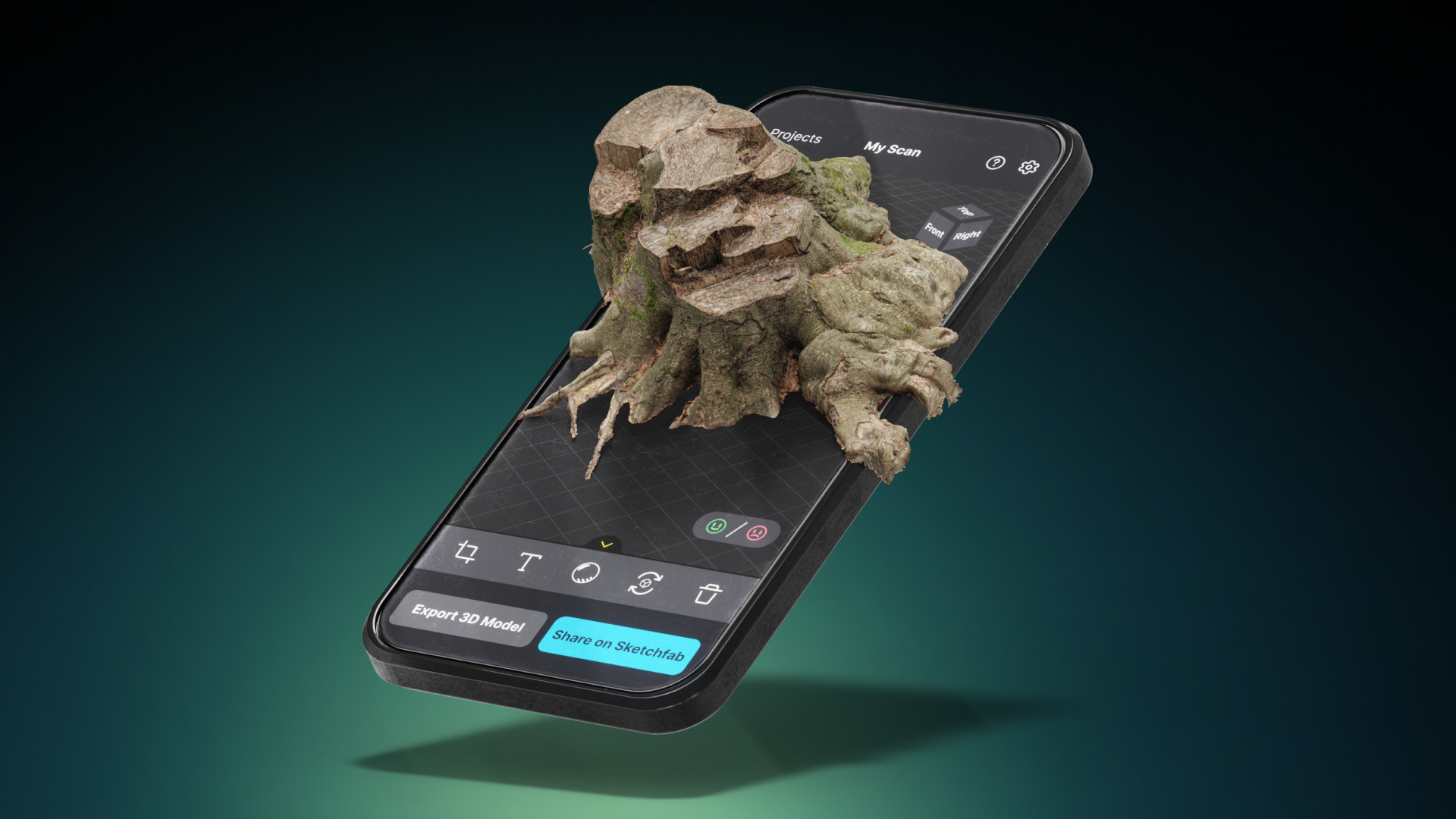 A 3D tree stump on the screen of a phone running RealityScan Mobile 1.9.