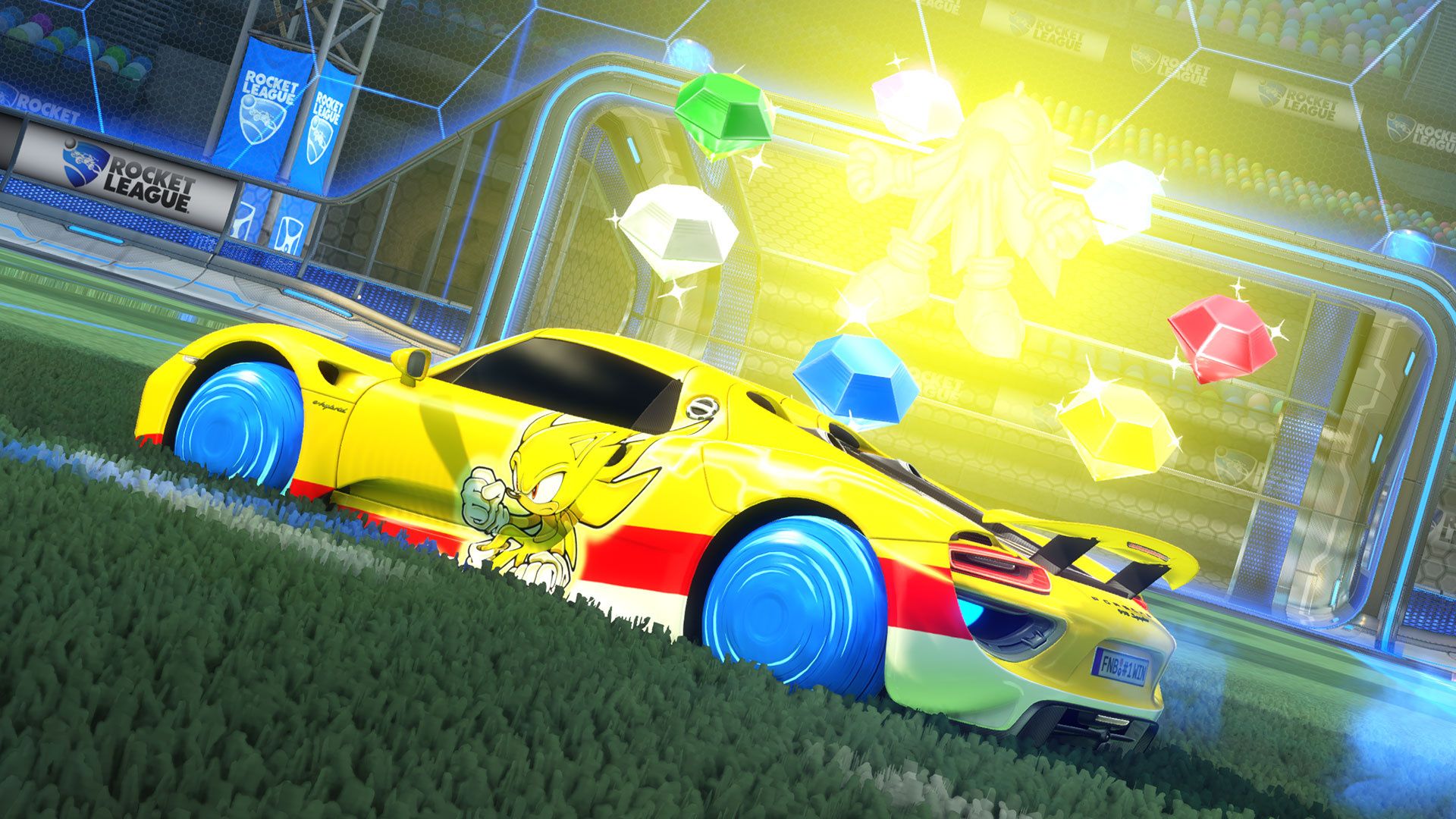 Rocket League Spin Dash Wheels, Super Sonic Porsche 918 Spyder Decal, and Super Sonic Goal Explosion