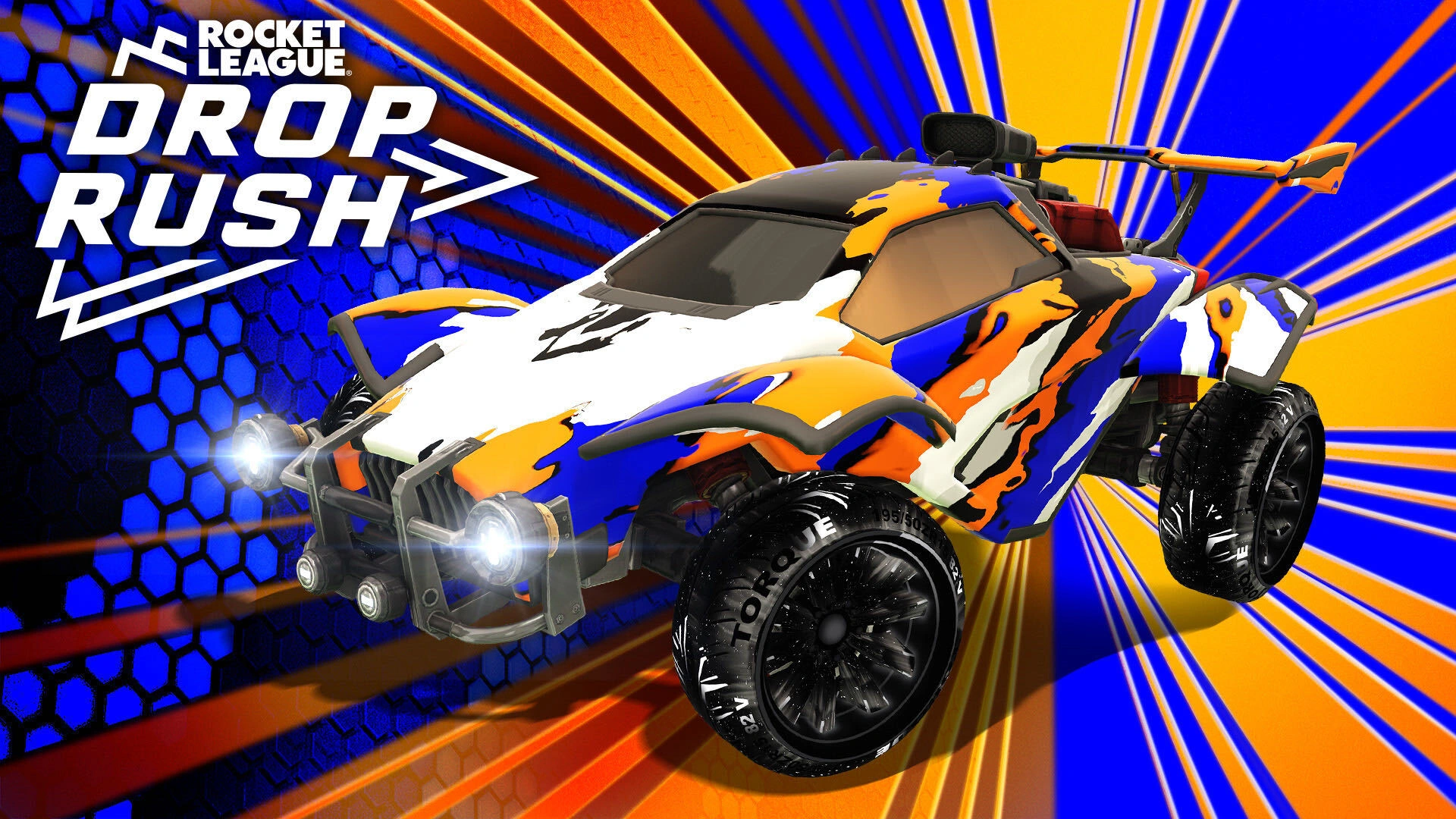 Drop Rush graphic with an Octane styled in orange, blue, and white 